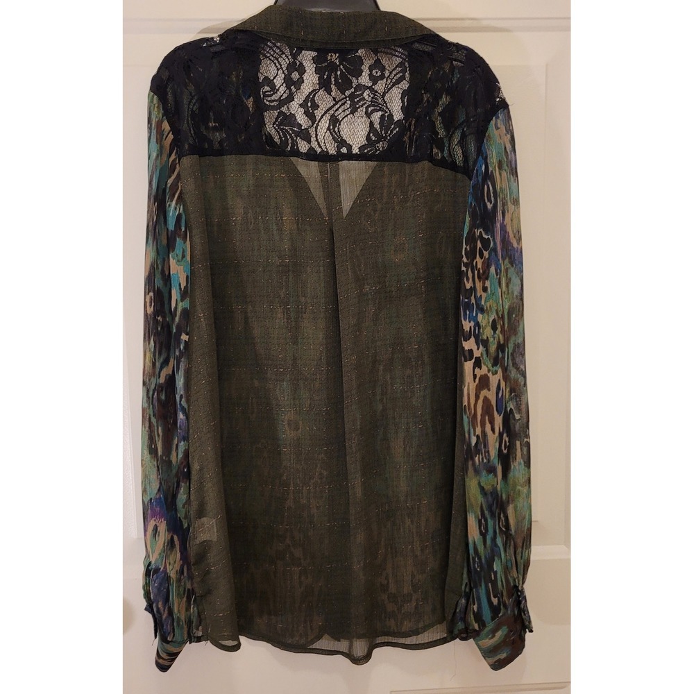 Fig and Flower Abstract Print Button Front Shirt Top Lace Back Green L - Picture 2 of 8